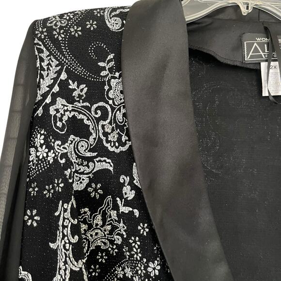 Alex Evenings Black Paisley Print Satin Shawl Collar Chiffon Long Sleeve Jacket - Picture 5 of 10